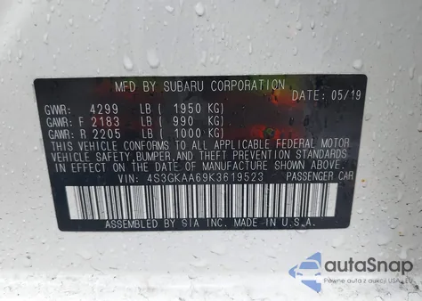 2019 Subaru Impreza 2.0I from USA, damaged, VIN 4S3GKAA69K3619523